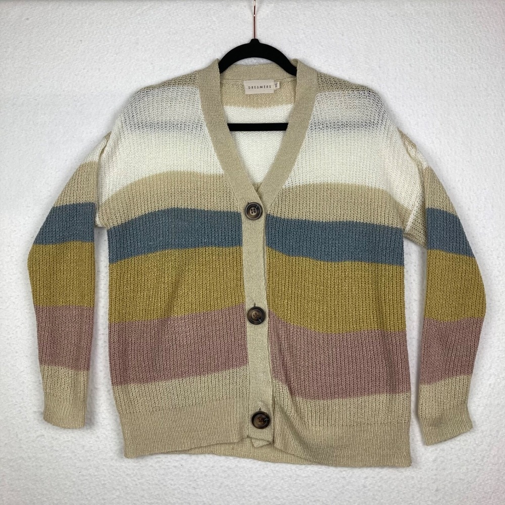 Dreamers Womens Button up Knit Stripped Multi-Colored Cardigan Sz S/M